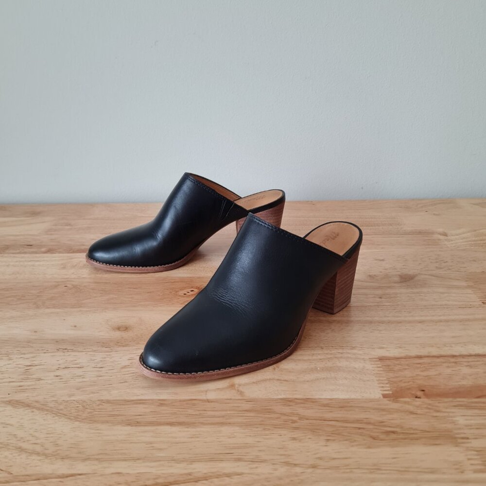 Madewell The Harper Mule Black Leather Almond Toe Block Heel Mules Sz 7 Slipon - Picture 9 of 9
